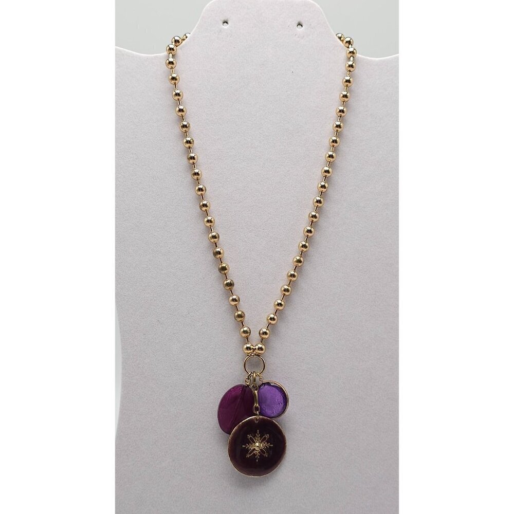 Gold Tone Beaded Chain Necklace With Purple Glass Enamel Pendant Charms